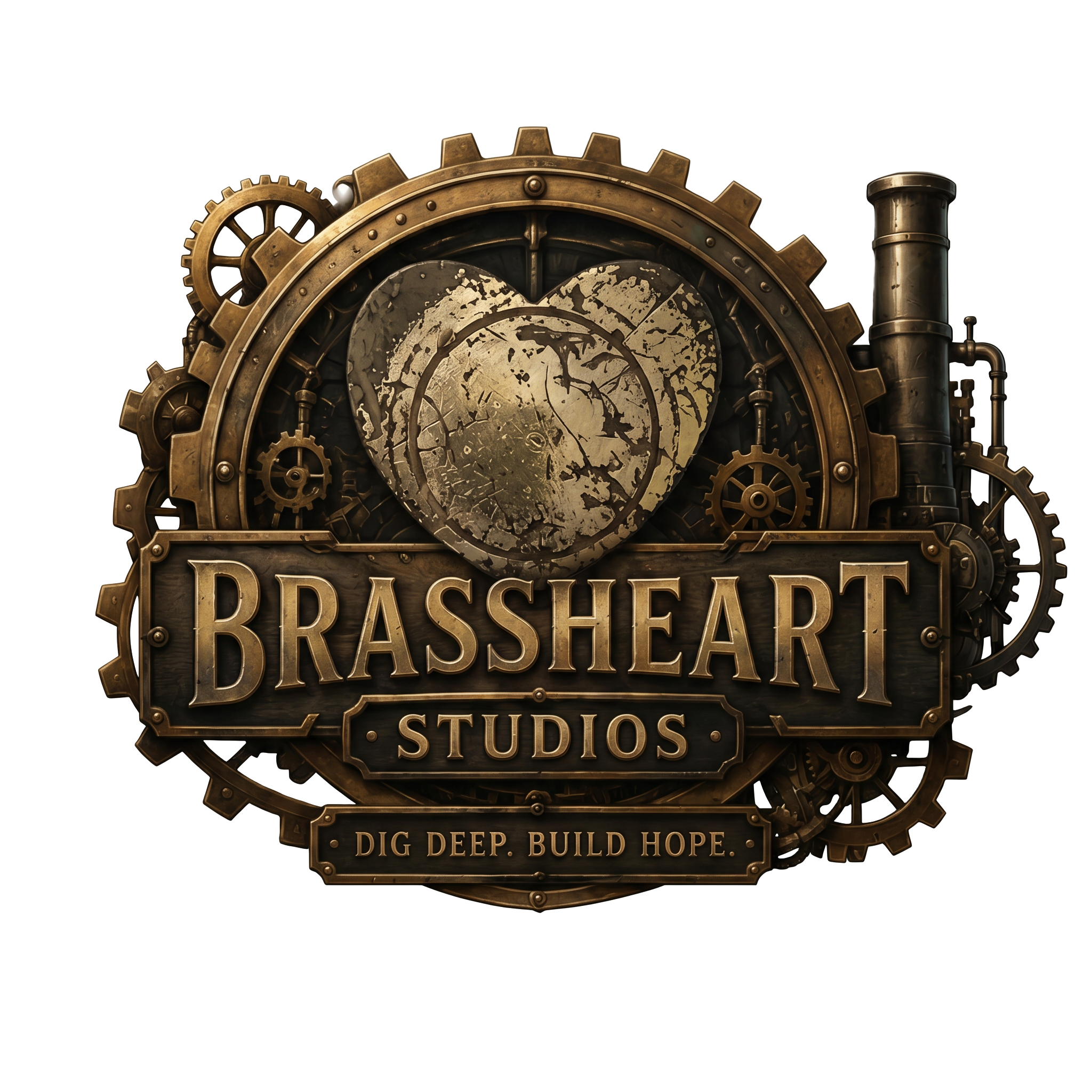 Brassheart Studios emblem — a brass heart set in gears with a smokestack, symbol of the Town of Hope
