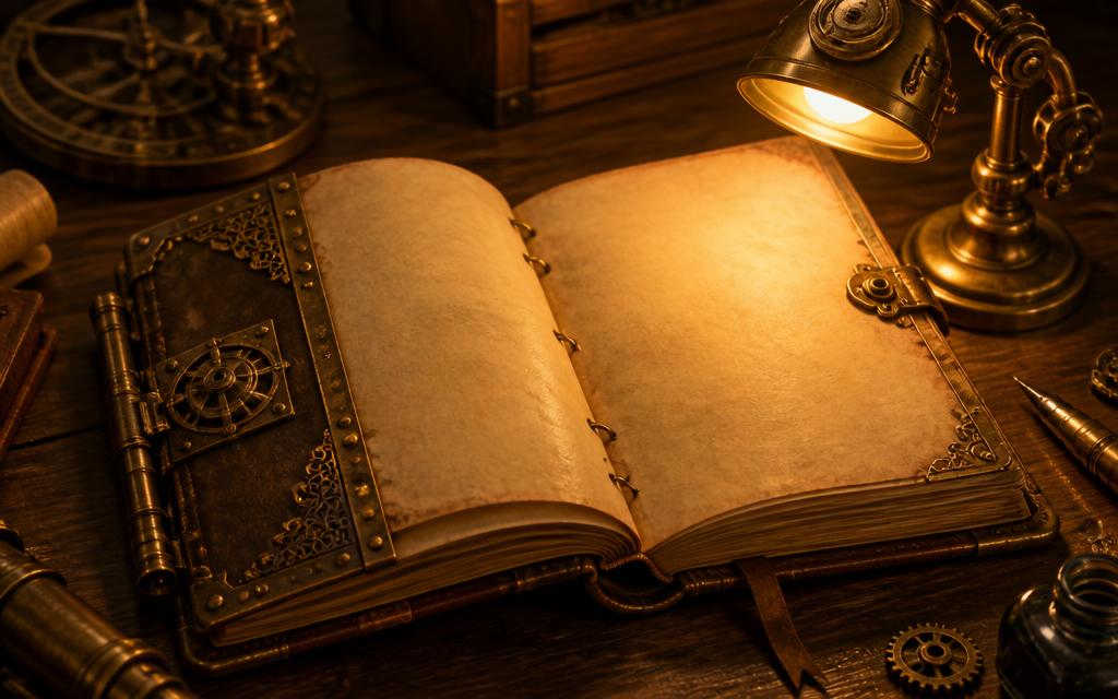 An open brass-bound journal with blank pages lit by a small warm lamp